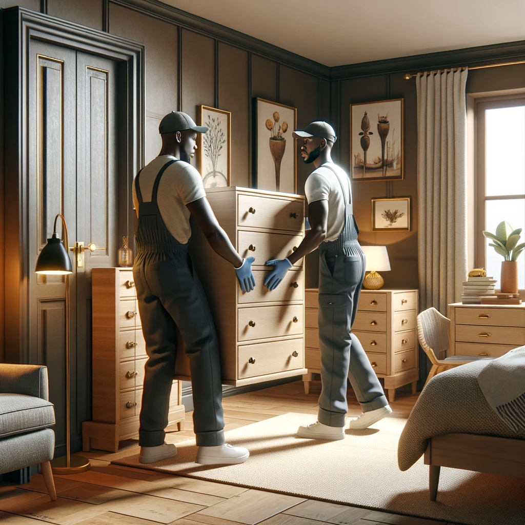 DALL·E 2024-02-11 14.18.44 - Illustrate two African American workers moving furniture out of a bedroom. The bedroom is tastefully decorated with a modern aesthetic, featuring a la